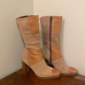 CANDIE’S Y2K leather and suede patchwork pointed square toe heeled boots